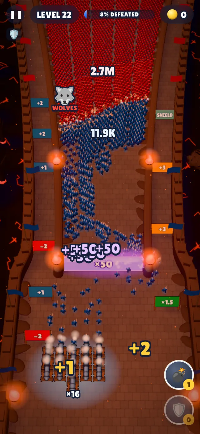 A ×99 gate multiplying a blue army in front of a red horde